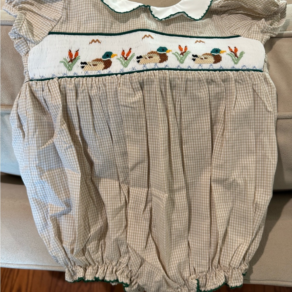 Smocked Duck Bubble Romper in Beige Plaid
